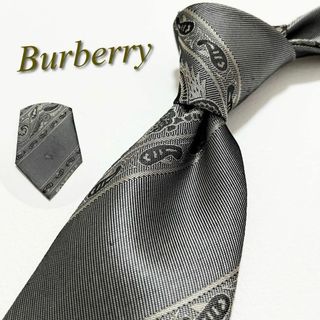 バーバリー(BURBERRY)の【美品】バーバリー ネクタイ ペイズリー柄 剣先ホースロゴ シルク シルバー(ネクタイ)