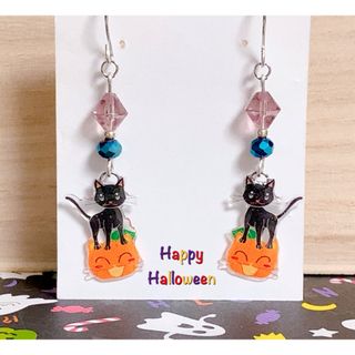 大人可愛い♡ カボチャと黒猫♪ ハロウィンピアス・イヤリング　★再販★(ピアス)