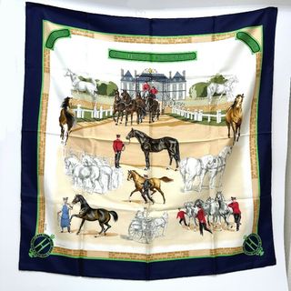 エルメス(Hermes)のエルメス HERMES カレ90 LES HARAS NATIONAUX 国立種馬飼育場 スカーフ シルク ネイビー 新品同様(バンダナ/スカーフ)