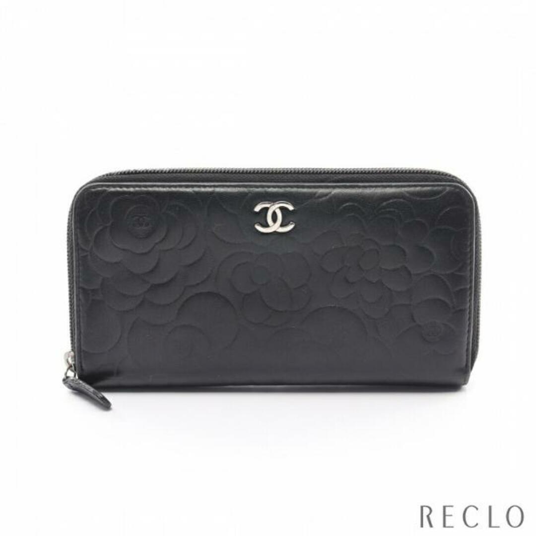 CHANEL   カメリア ラウンドファスナー長財布 ラムスキン ブラック