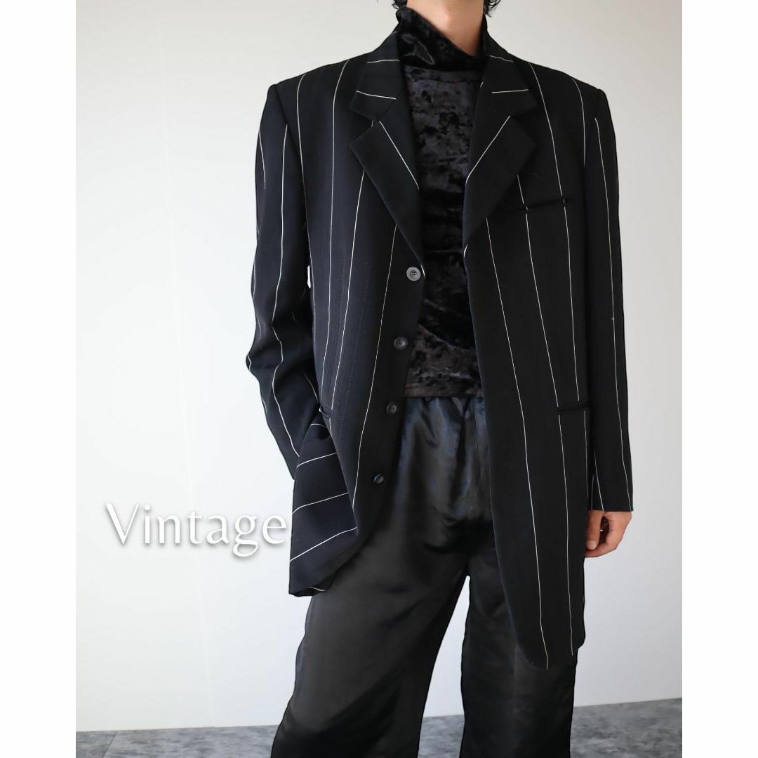 ART VINTAGE(アートヴィンテージ)の【vintage】ペンシルストライプ ロング テーラードジャケット シングル 黒 メンズのジャケット/アウター(テーラードジャケット)の商品写真