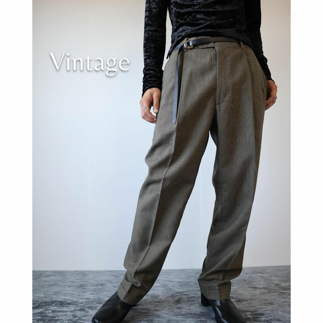 ART VINTAGE(アートヴィンテージ)の【vintage】ウール グレンチェック柄 2タック ワイド スラックス W32 メンズのパンツ(スラックス)の商品写真