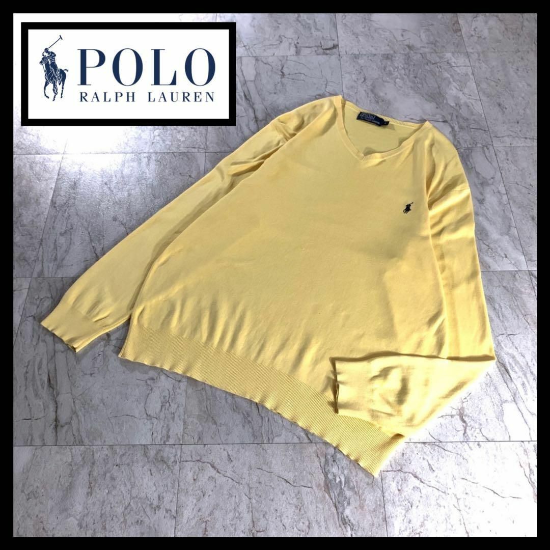 POLO RALPH LAUREN(ポロラルフローレン)の90s ラルフローレン ピマコットン Vネック ニット 薄手 黄色 L 刺繍 メンズのトップス(ニット/セーター)の商品写真