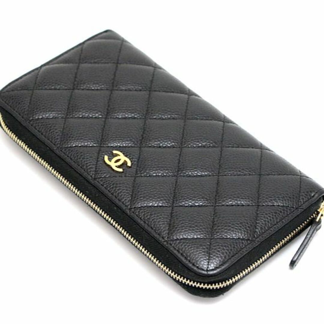 美品 シャネル CHANEL マトラッセ ラウンドファスナー 長財布 黒 キャビアスキン G金具 28番【62242】