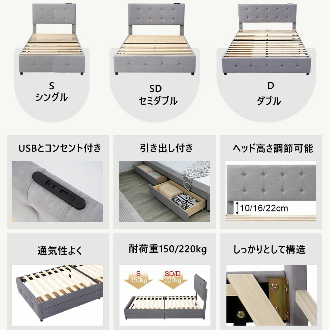 【厚さ10cmマットレス付き】ファブリックベッド セミダブル 引き出し付き 7