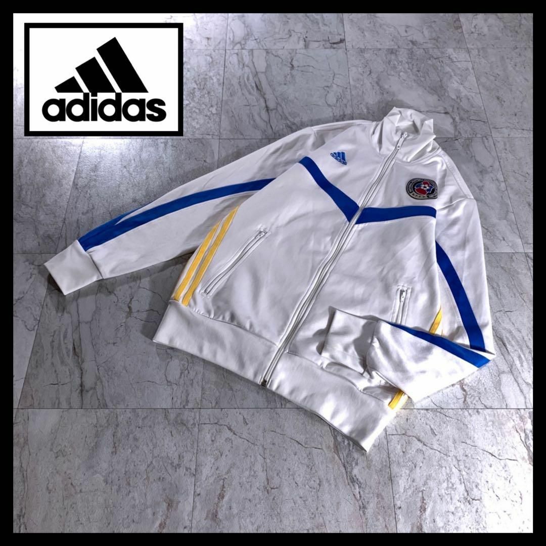 00s adidas トラックジャケット ジャージ 白 青 黄色 M 刺繍ロゴ-