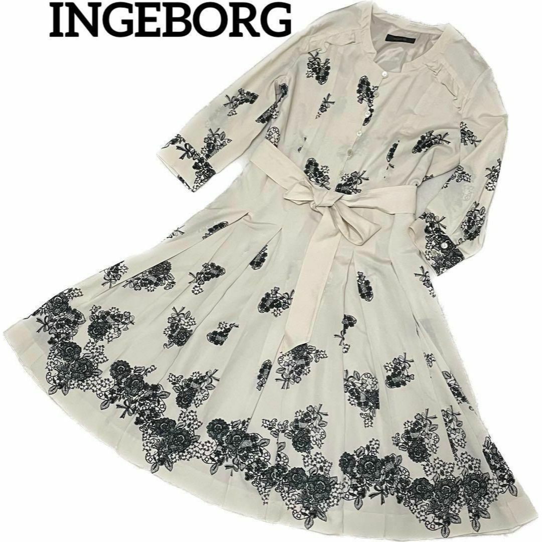 600 美品 INGEBORG ワンピース ロング メルローズ 花柄 アイボリー