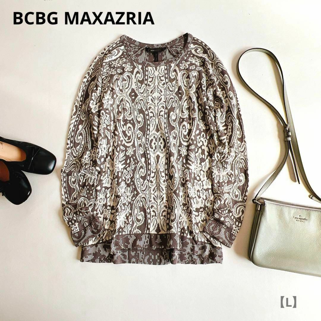 BCBGMAXAZRIA(ビーシービージーマックスアズリア)のBCBG MAXAZRIA シルク70％ アラベスク柄 ニット プルオーバー レディースのトップス(カットソー(長袖/七分))の商品写真