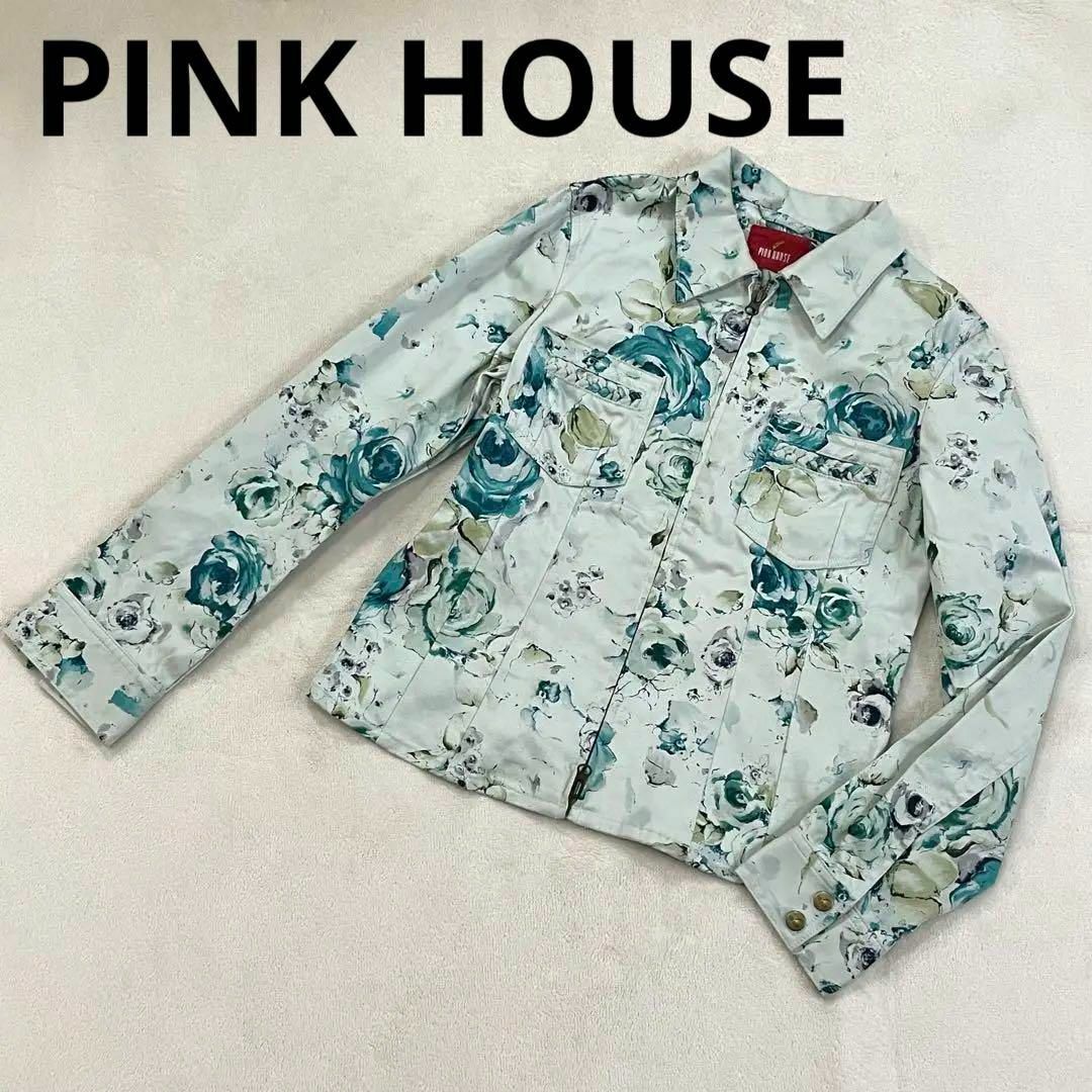 PINK HOUSE(ピンクハウス)の588【希少】PINK HOUSE ブルゾン L 花柄 青緑系 コットンレーヨン レディースのジャケット/アウター(ブルゾン)の商品写真