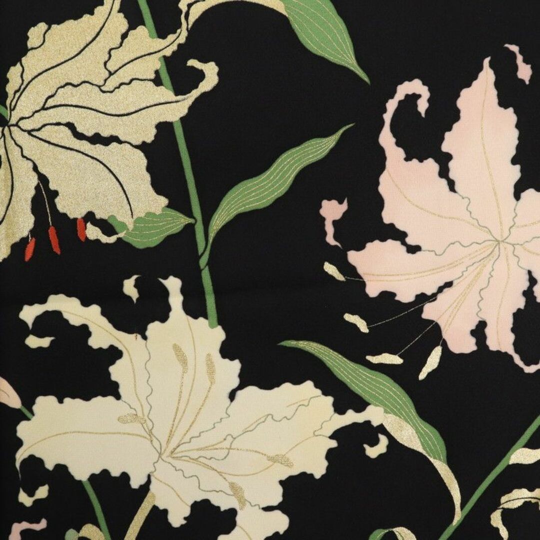 《長尺◆訪問着『渡辺雪三郎』華麗なるユリの花■黒◆袷正絹着物◆SB7-17》 レディースの水着/浴衣(着物)の商品写真