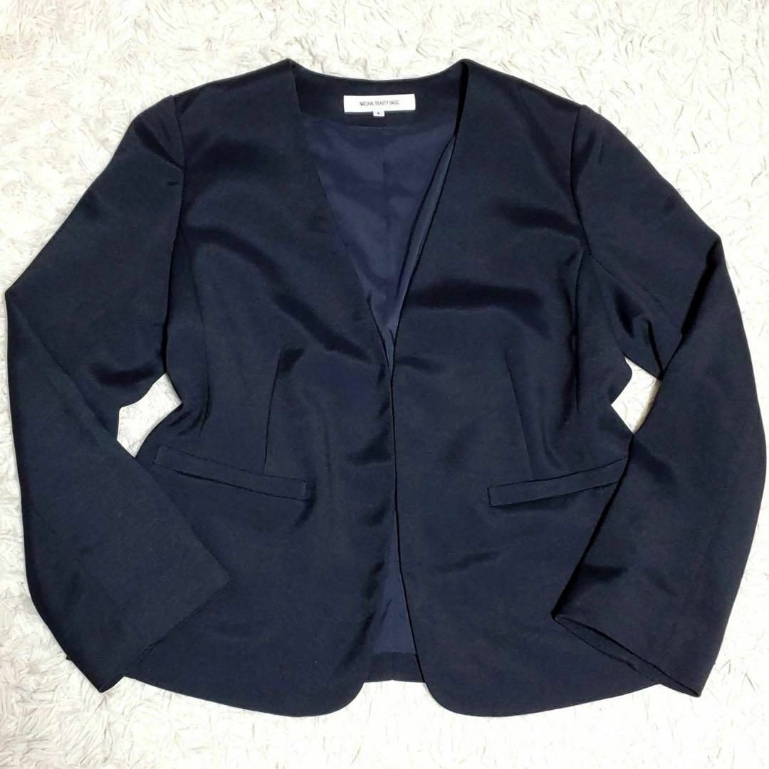 美品 L ナチュラルビューティーベーシック ノーカラー セットアップ 紺 L