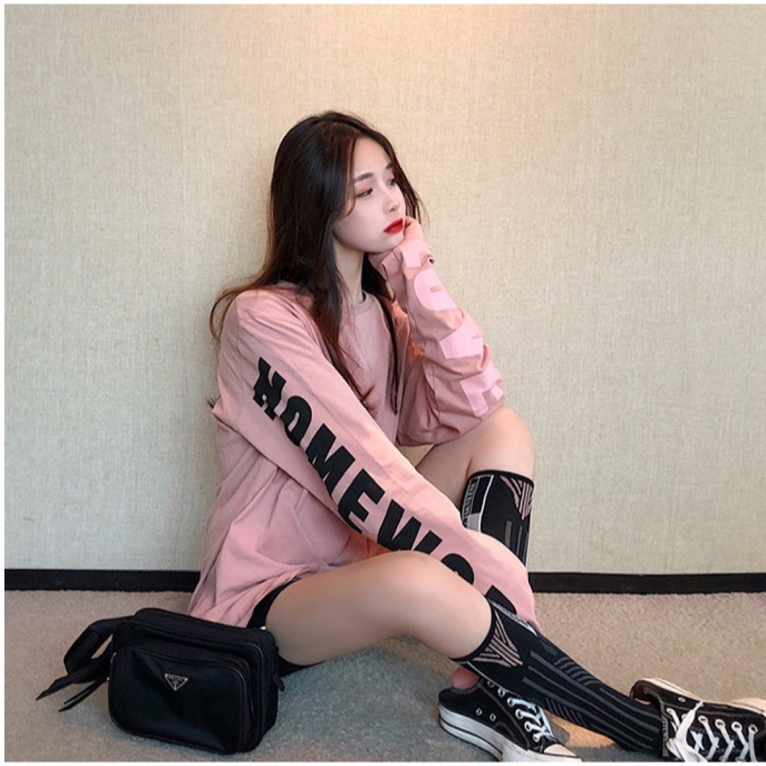 レディースTシャツ M ピンク ロンT プリント オーバーサイズ レディースTシャツ M ピンク ロンT プリント オーバーサイズ