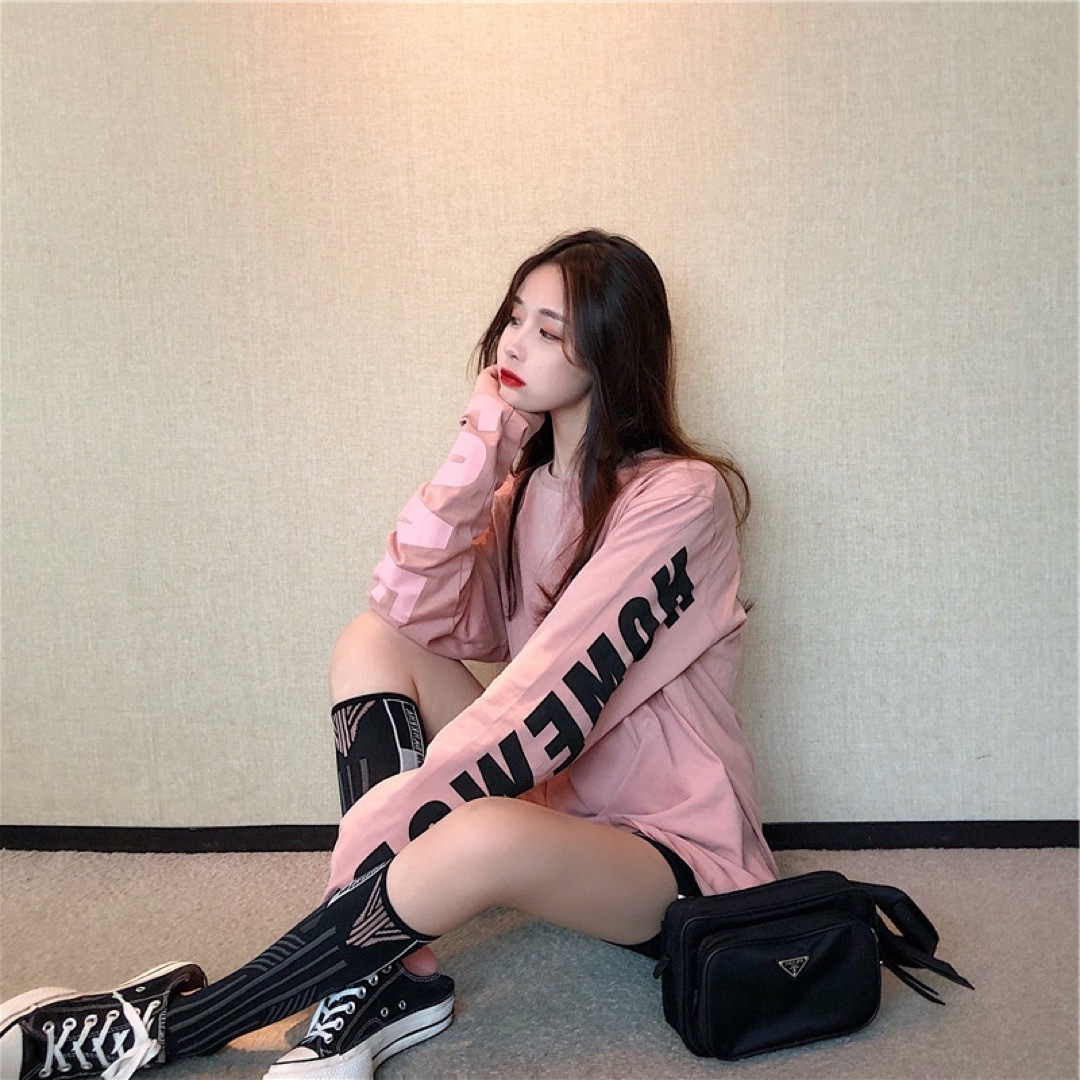 attends ロンT ピンク バッグプリント 韓国 長袖 Tシャツ レディースTシャツ M ピンク ロンT プリント オーバーサイズ