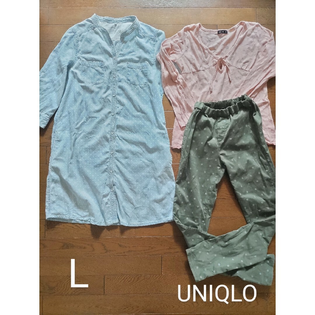 UNIQLO(ユニクロ)のLサイズ3点ドット柄　ワンピース（前開き・七分袖）、カットソー、ユニクロズボン レディースのトップス(シャツ/ブラウス(長袖/七分))の商品写真