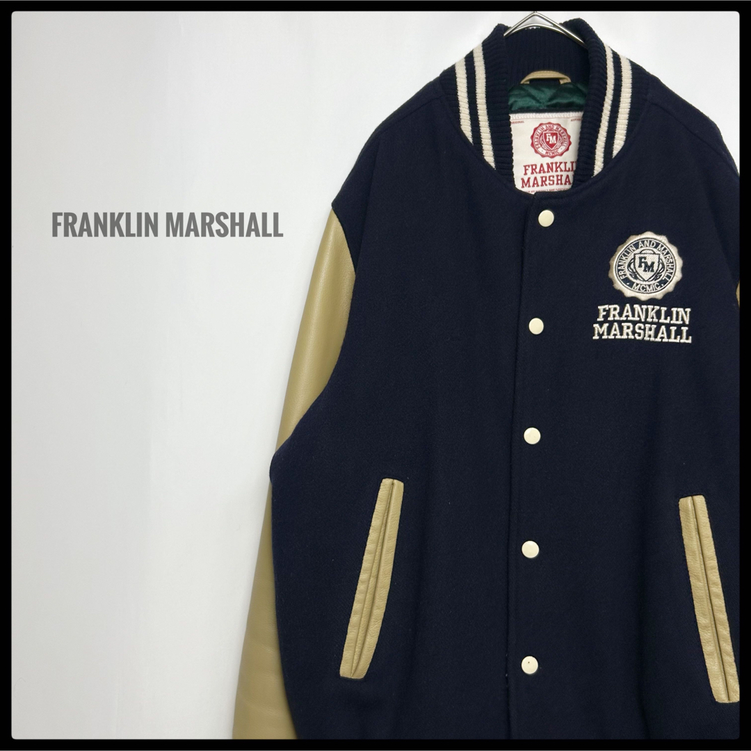 FRANKLIN&MARSHALL(フランクリンアンドマーシャル)のFRANKLIN MARSHALL ウールスタジャン　袖レザー　ネイビー　刺繍 メンズのジャケット/アウター(スタジャン)の商品写真