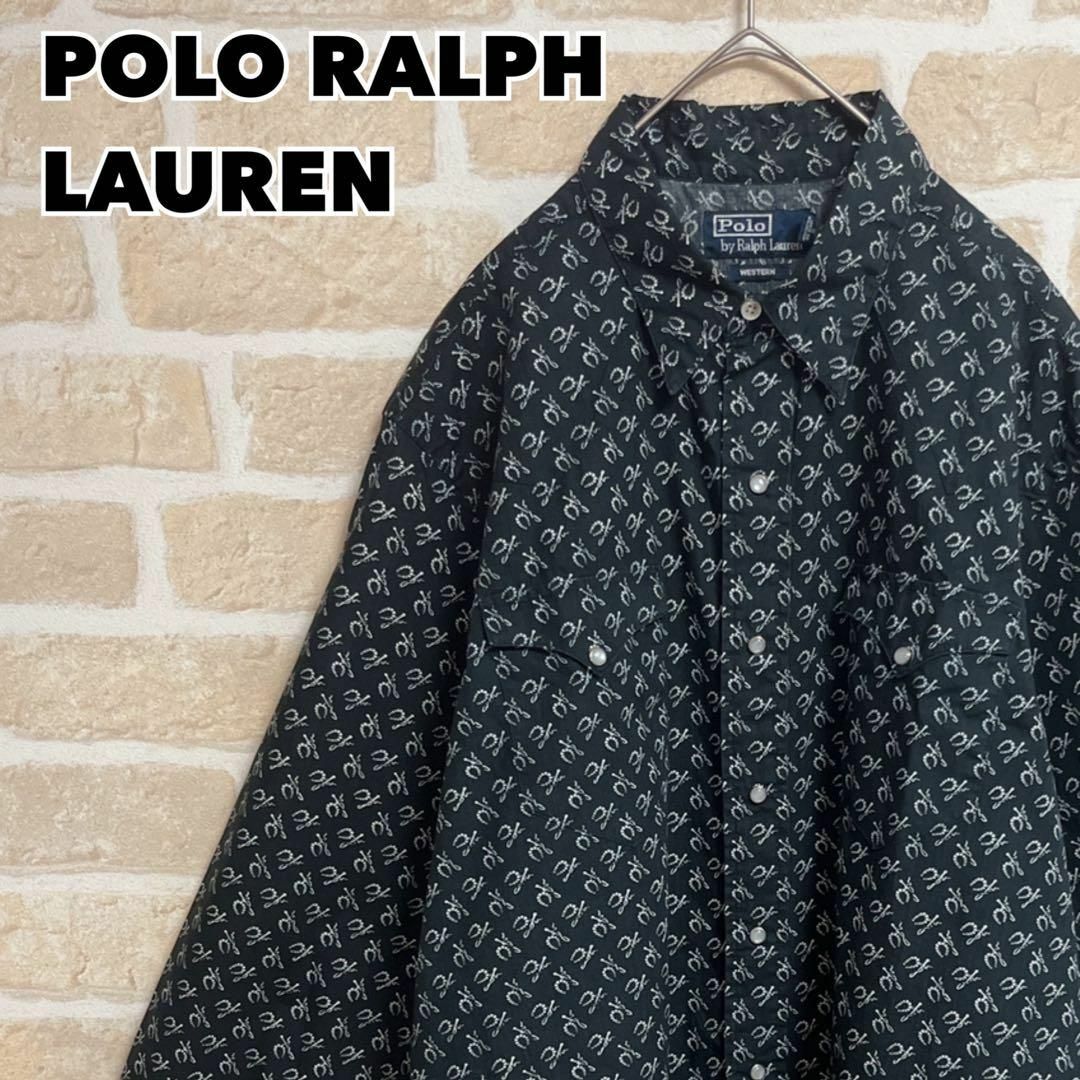 90s POLO RALPH LAUREN 総柄ウエスタンシャツ ブラック L-