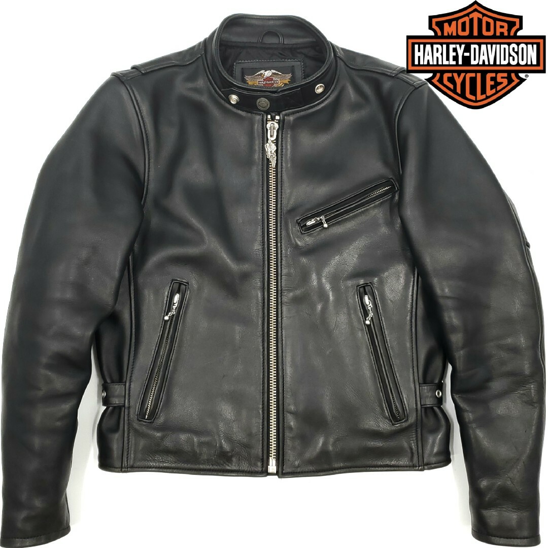 Harley Davidson(ハーレーダビッドソン)の肉厚牛革◆HARLEY-DAVIDSON◆レザーライダースジャケット黒M719 メンズのジャケット/アウター(ライダースジャケット)の商品写真