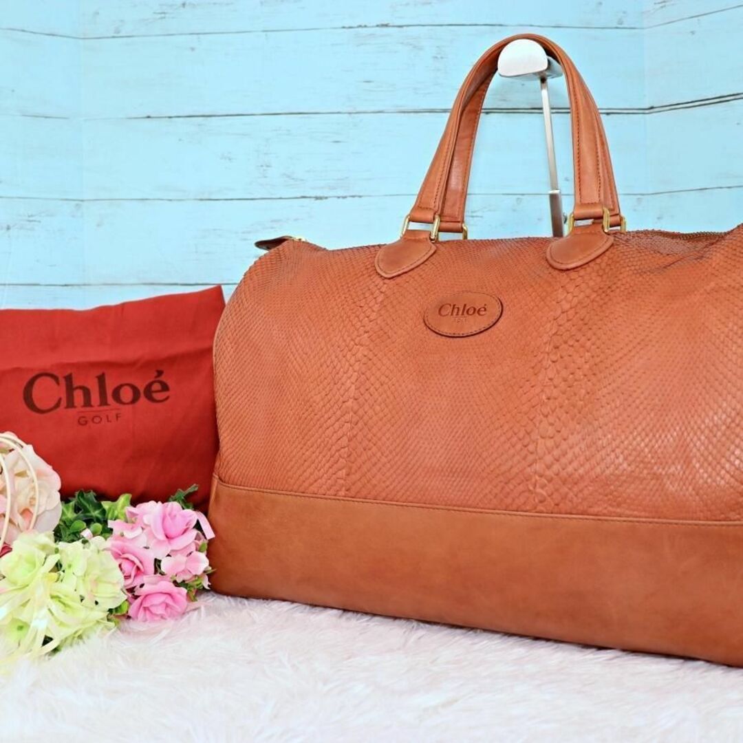 Chloe クロエ パイソンボストンバッグ ピンクベージュ 大容量旅行バッグ-