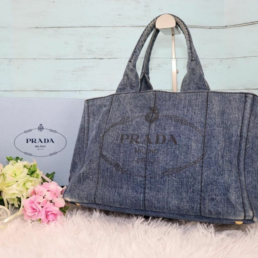 PRADA カナパS デニムハンドバッグ インディゴブルー 三角プレート-