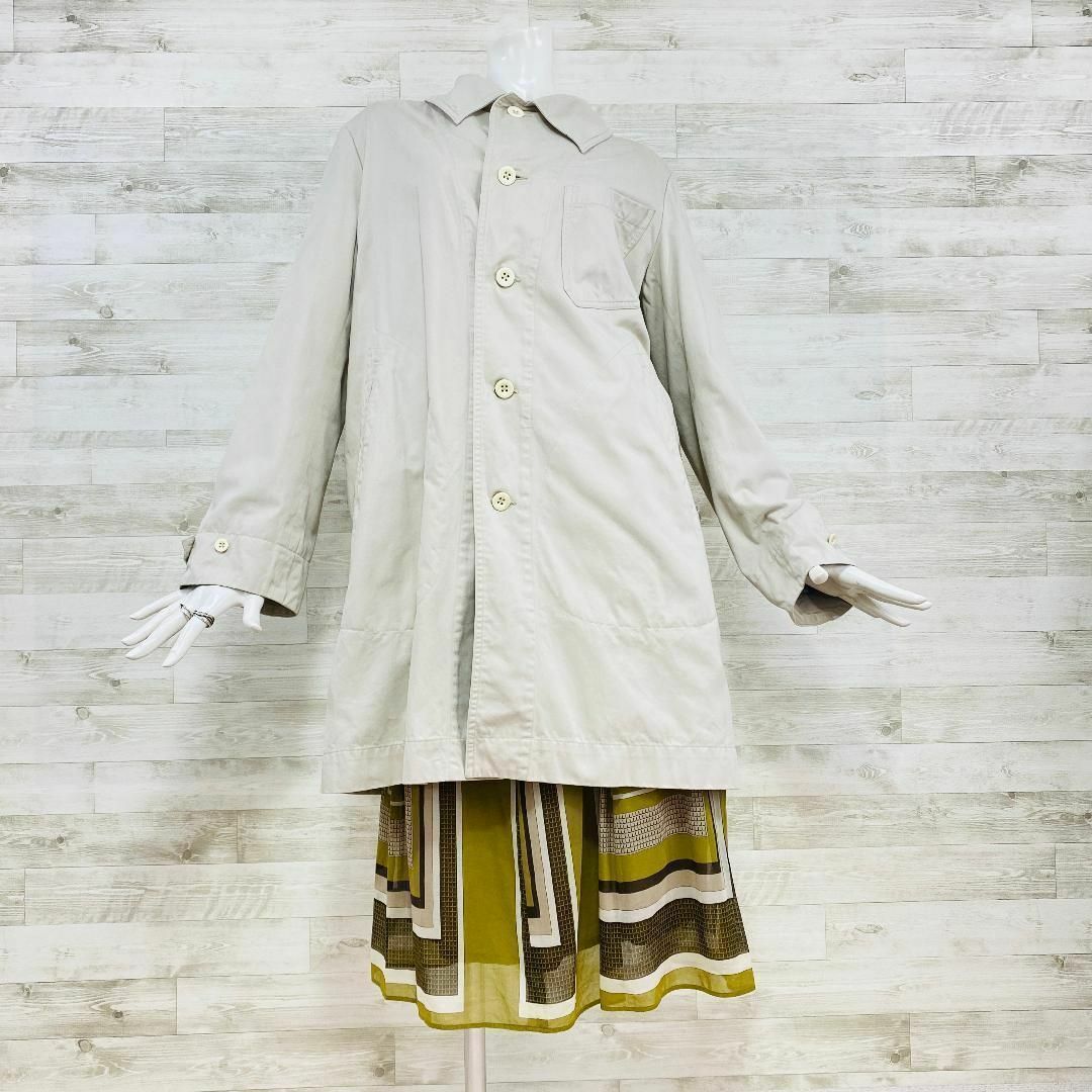 美品】45r ステンカラーコート L ミドル丈 ベージュ 赤ストライプ 袖青