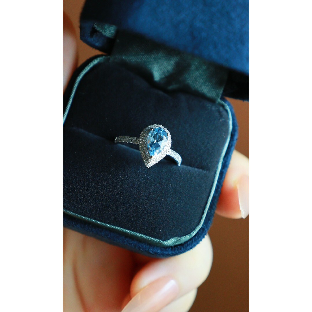 天然ダイヤモンド付きアクアマリンリングk18 - リング(指輪)