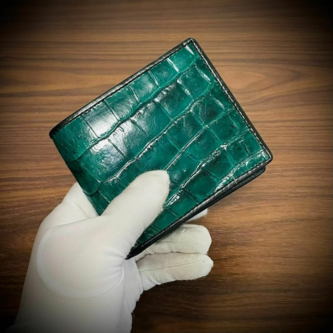 シャイニング クロコダイル メンズ財布 二つ折り 財布 グリーン 緑 証明証付