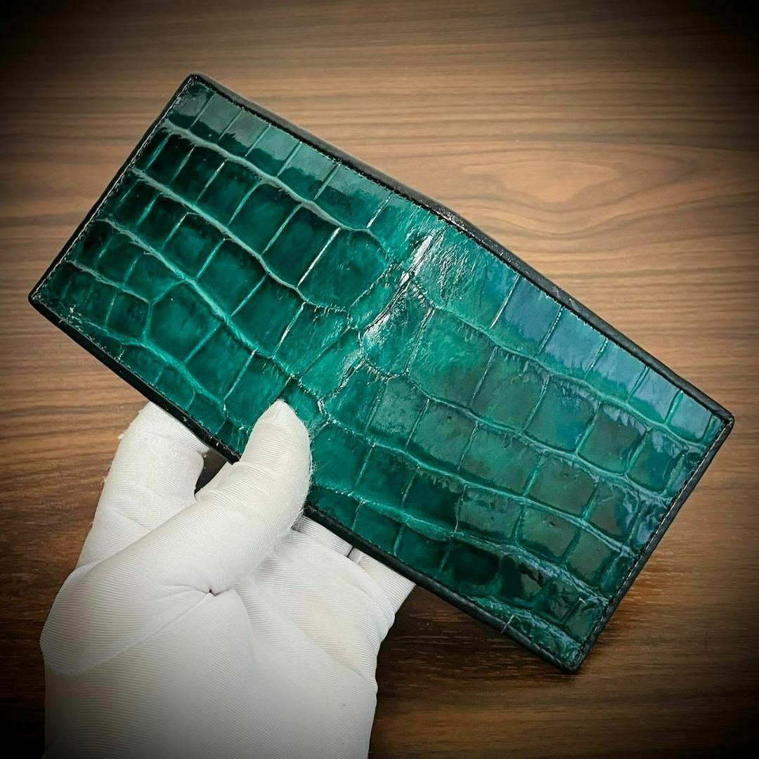 シャイニング クロコダイル メンズ財布 二つ折り 財布 グリーン 緑