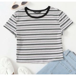 shein ストライプ クロップドtシャツ xs(Tシャツ(半袖/袖なし))