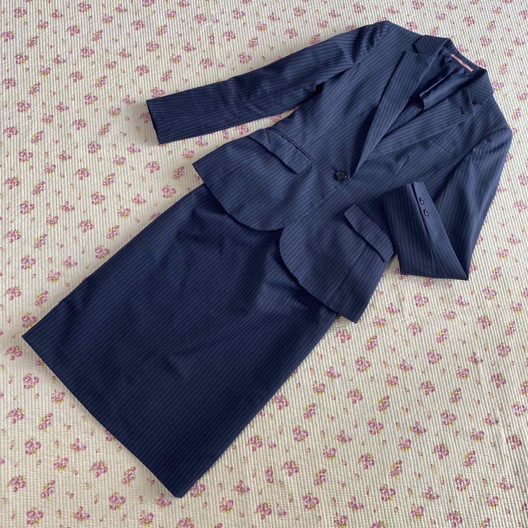 YUMI KATSURA - ユミカツラ スカートスーツ 7 W64 OL 濃紺 ピンク