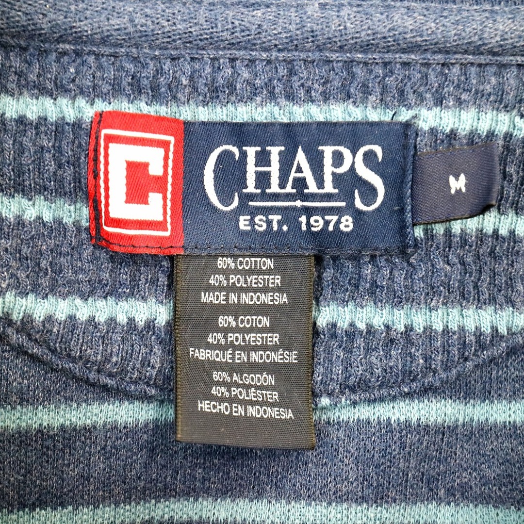 CHAPS チャップス サーマル長袖Ｔシャツ 刺繍 Vネック ボーダー ワンポイントロゴ ブルー (メンズ M) 中古 古着 O1537 メンズのトップス(Tシャツ/カットソー(七分/長袖))の商品写真