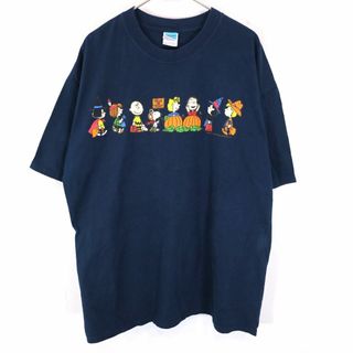 ピーナッツ(PEANUTS)のPEANUTS ピーナッツ スヌーピー ハロウィン 半袖Ｔシャツ チャーリー・ブラウン ネイビー (メンズ XLサイズ相当) 中古 古着 O1663(Tシャツ/カットソー(半袖/袖なし))