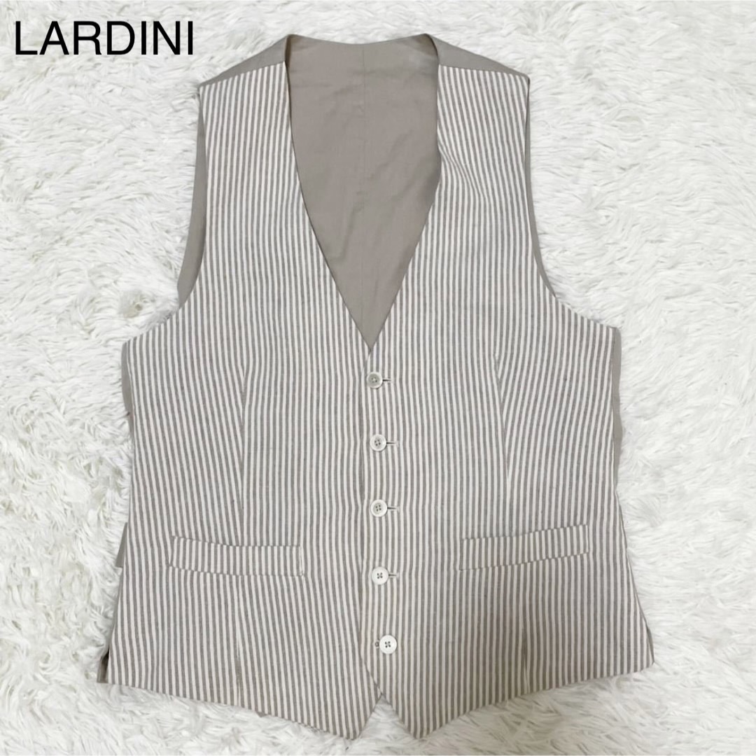 LARDINI【リネン混 美品】ベスト ジレ 44 S位 ベージュ ストライプ