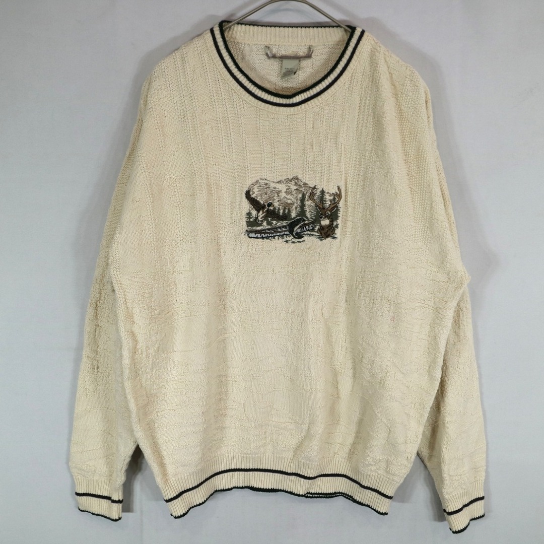 USA製 Sears シアーズ アニマル刺繍 セーター 防寒 ホワイト (メンズ L)   O1795