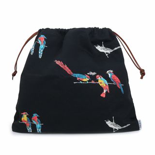 ロエベ(LOEWE)のロエベ Paulas Ibiza パウラズ イビザ パロット ドローストリング ポーチ 巾着 鳥 バード キャンバス エクリュ アイボリー ホワイト ブラック 黒 白 LOEWE（中古）(ポーチ)