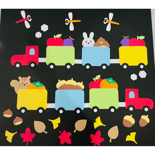 秋 どんぐり 柿 栗 壁面 9月 10月 壁面飾り 壁面 りんご ぶどう 列車(型紙/パターン)