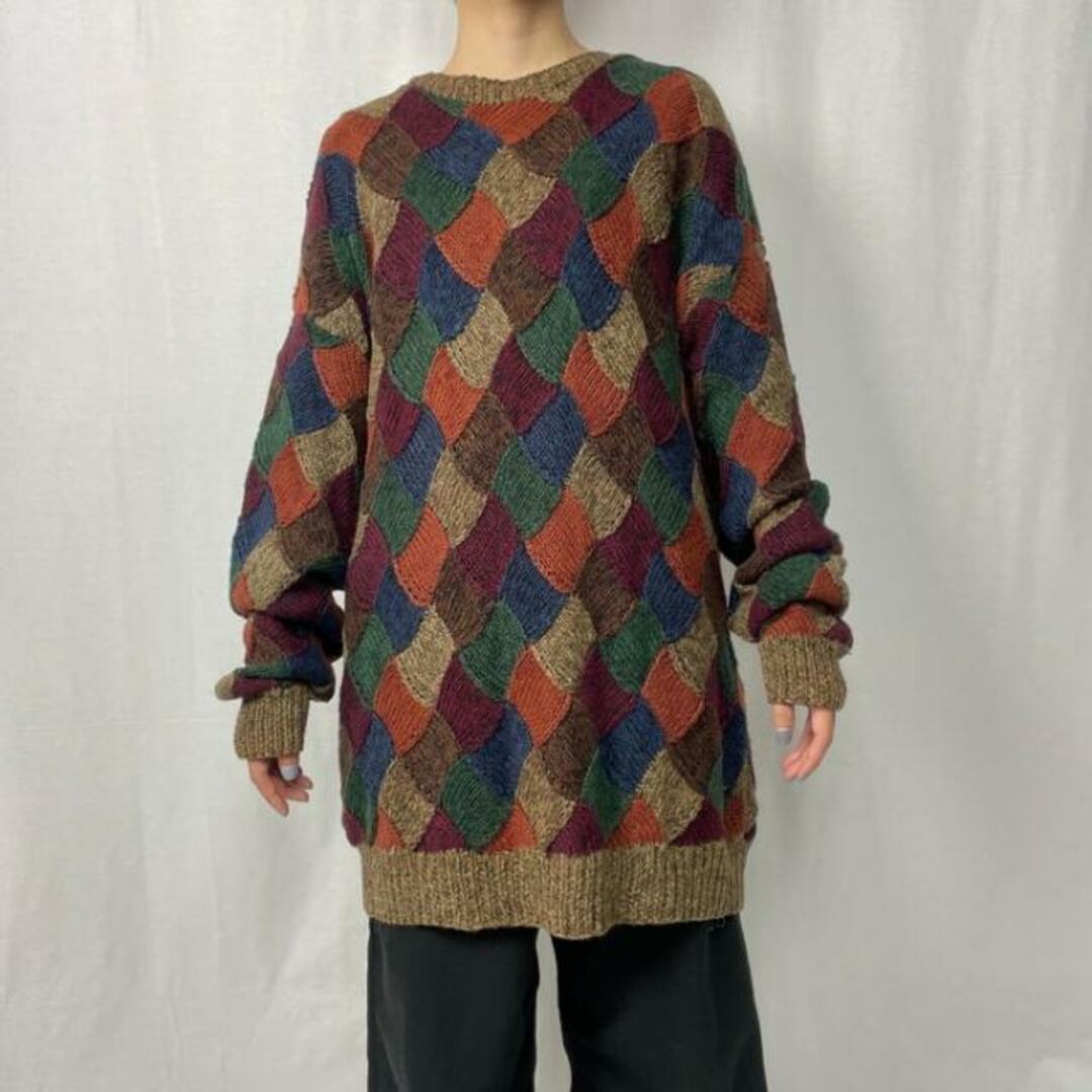 90年代 northern isles パッチワークパターン ラミー×コットン ハンドニットセーター メンズ2XL