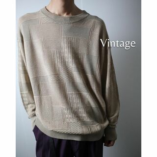 アートヴィンテージ(ART VINTAGE)の【vintage】ジャガード デザイン リネン混 レトロ ニット セーター XL(ニット/セーター)