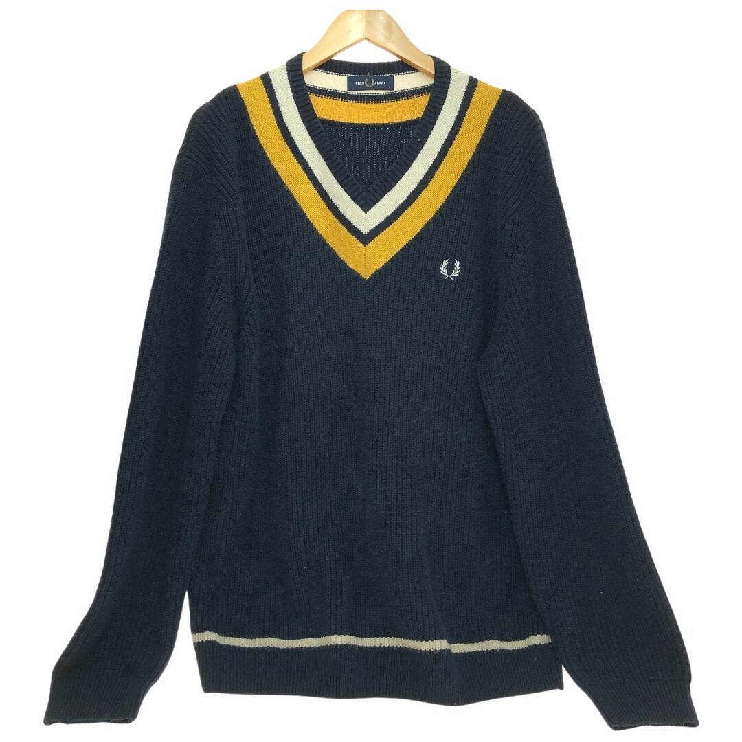 □□FRED PERRY フレッドペリ Vネック セーター Lサイズ K2544 ネイビー