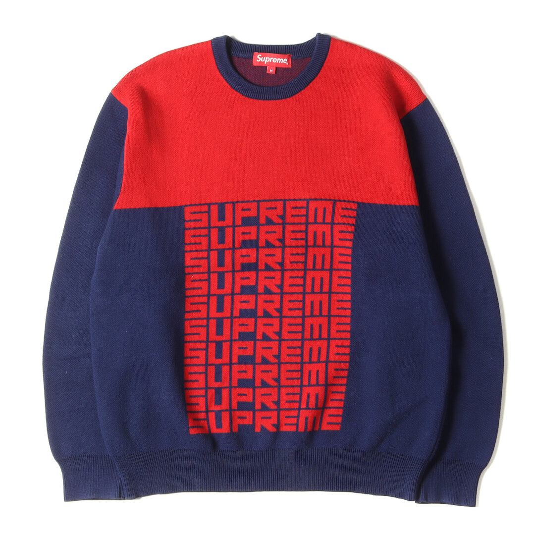 Supreme シュプリーム ニット サイズ:M ブランドロゴ クルーネック コットン ニット セーター Logo Repeat Sweater 18AW ネイビー 紺 トップス カジュアル 長袖 【メンズ】