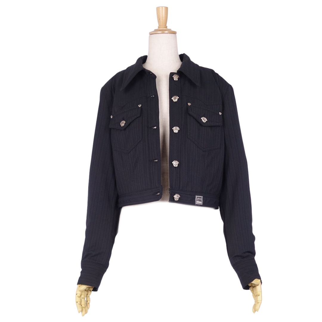 ヴェルサーチ VERSACE JEANS COUTURE ジャケット クロップド 中綿入り メデューサボタン ストライプ アウター レディース S ブラック