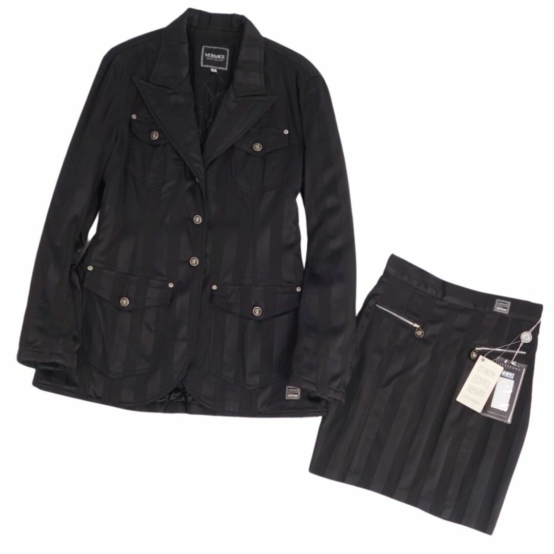 Vintage ヴェルサーチ VERSACE JEANS COUTURE セットアップ スカートスーツ ストライプ メデューサボタン ジャケット スカート レディース ジャケット：L スカート：26/40 ブラック