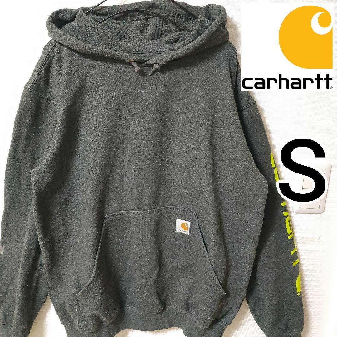 Carhartt チャコールグレー プルオーバーパーカー カーハート 袖ロゴ S