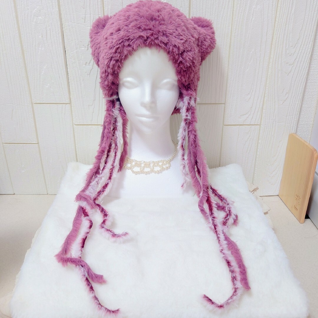 『キャットヤーンで編んだふわふわ猫耳ニット帽〈桃紫猫〉』ハンドメイド 猫耳帽子