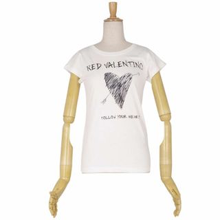 美品 レッド ヴァレンティノ RED VALENTINO Tシャツ カットソー ロゴ コットン トップス レディース XS ホワイト/ブラック(Tシャツ(半袖/袖なし))