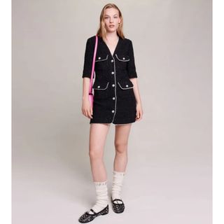 マージュ(maje)の❤️maje2023新作新品　黒柄　長袖　ニット　ワンピース　オシャレ　上品(ひざ丈ワンピース)