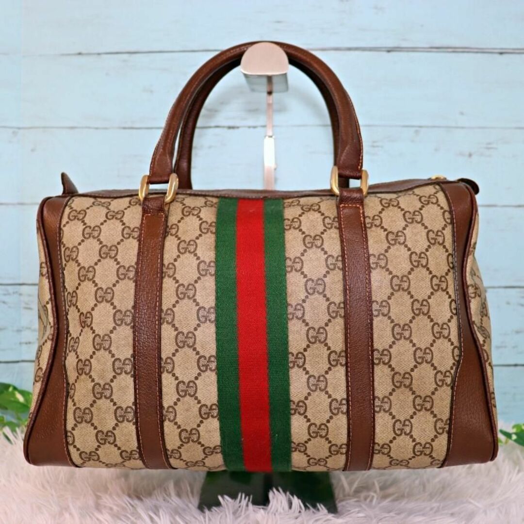 GUCCI オールドグッチ ミニボストンバッグ GGスプリーム 茶色×ベージュ-