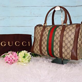 グッチ(Gucci)のGUCCI オールドグッチ ミニボストンバッグ GGスプリーム 茶色×ベージュ(ボストンバッグ)