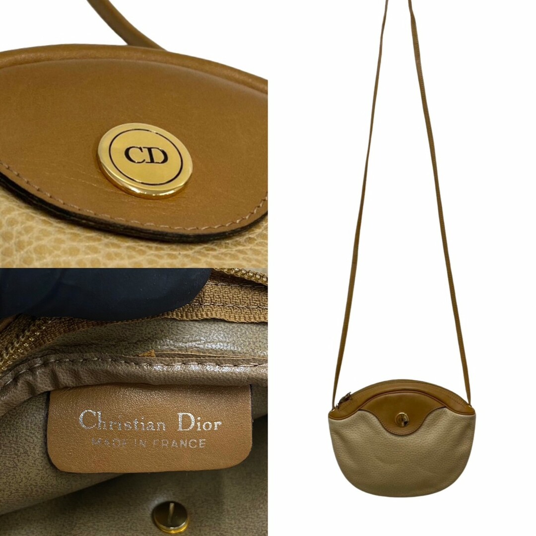 極 美品 Christian Dior ディオール ヴィンテージ ロゴ 金具 レザー ミニ ショルダーバッグ ポシェット ベージュ ブラウン 27049
