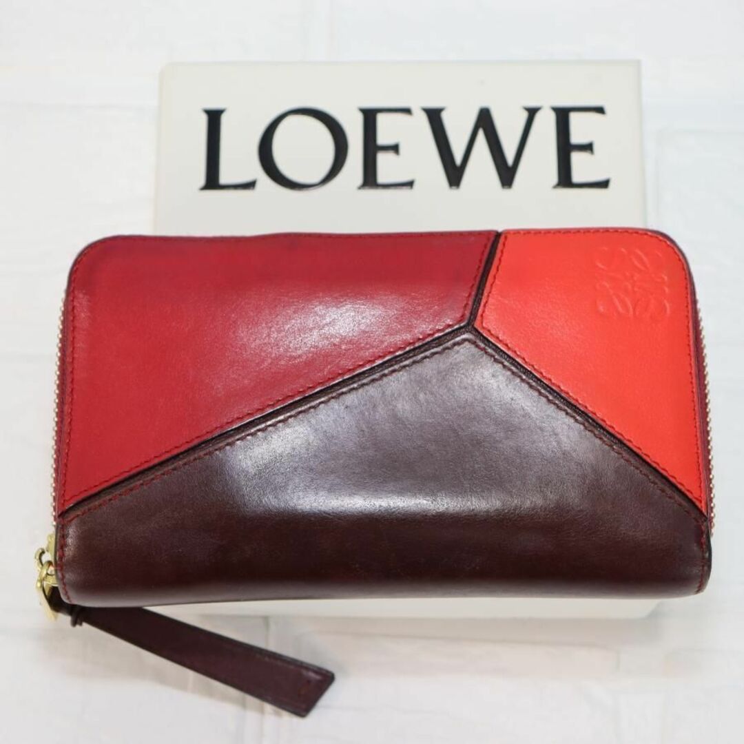 LOEWE ロエベ 長財布 赤×茶色 ブランドロゴ刻印 小さめ 本革ほぼ未使用