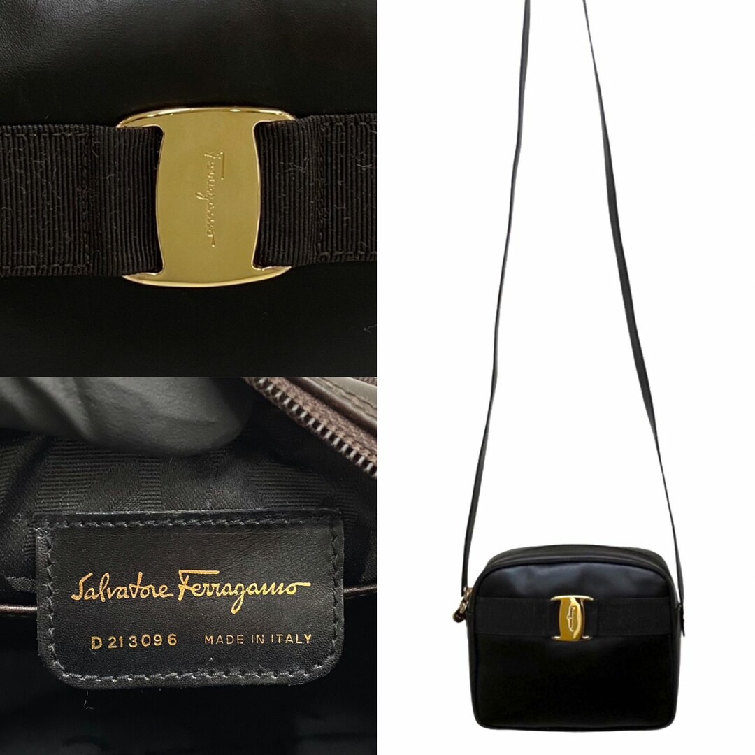 極 美品 Salvatore Ferragamo フェラガモ ヴァラリボン 金具 レザー 本革 ミニ ショルダーバッグ ポシェット ブラック 黒 19188